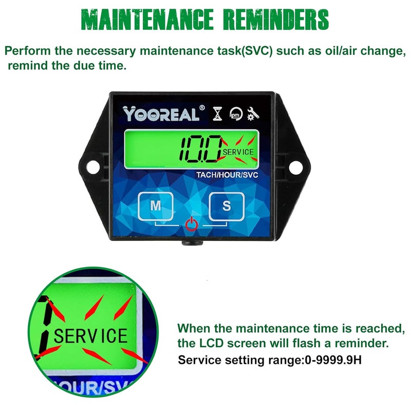 YOOREAL Digital Backlight Tachometer Hour Meter,Resettable Hours,Replaceable Battery Engine for Lawn Mower Generator Chainsaw Outboard Motor Snowblower Gas Powered Equipment (YR-HM011G) - Image 3
